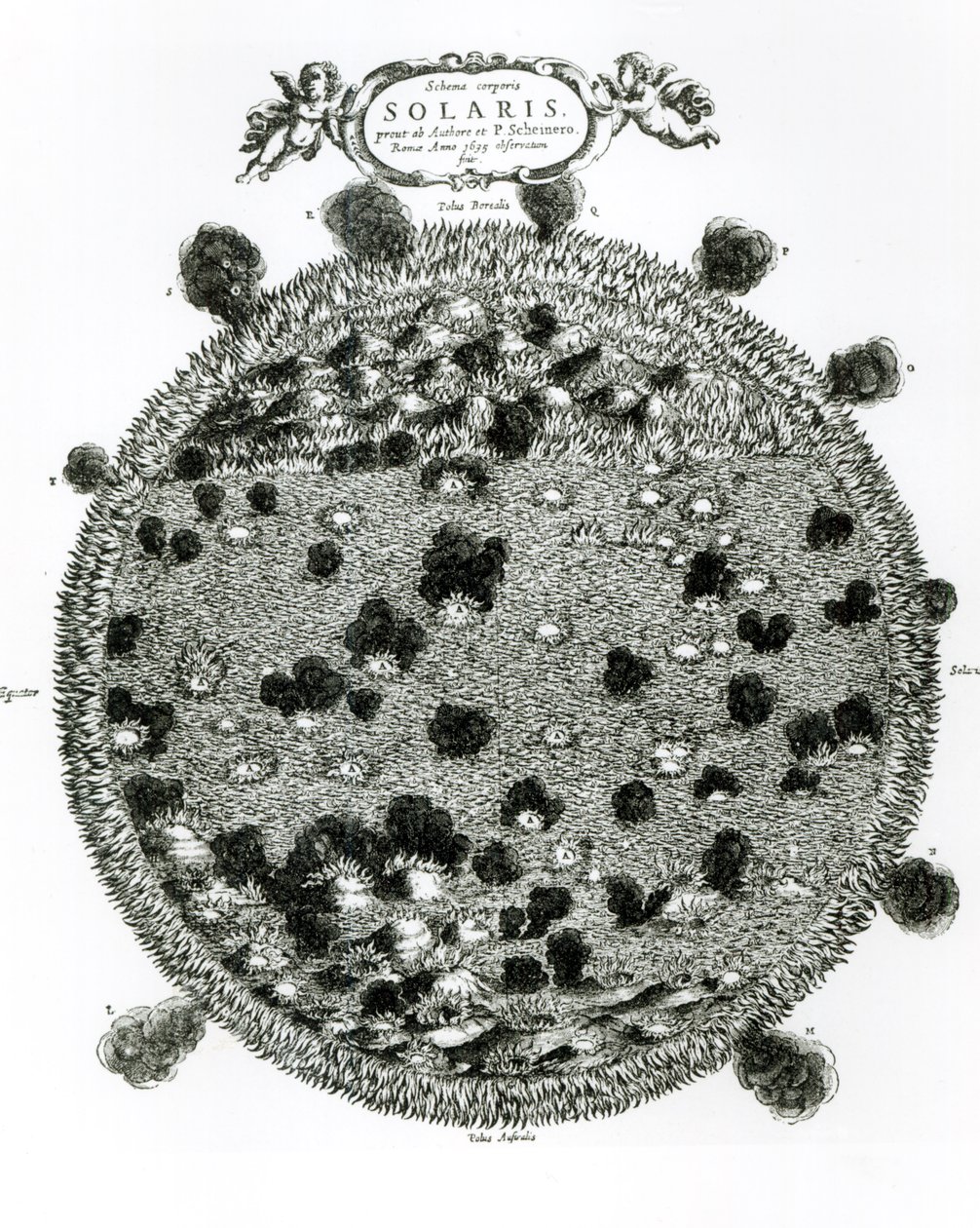 太阳表面显示太阳黑子，插图来自阿姆斯特丹1664-5发表的&39;Mundus Subterraneus&39; 作者 阿塔纳修斯·基歇尔