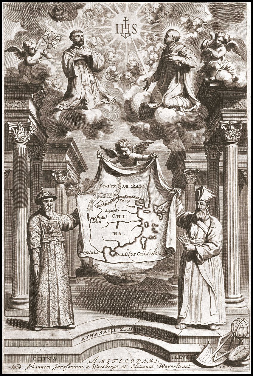 Adam Schall (left) and Matteo Ricci (right) in Chinese Mandarin costume, frontispiece of “China” by Athanase Kircher (or Athanasius Kircheri) 作者 阿塔纳修斯·基歇尔