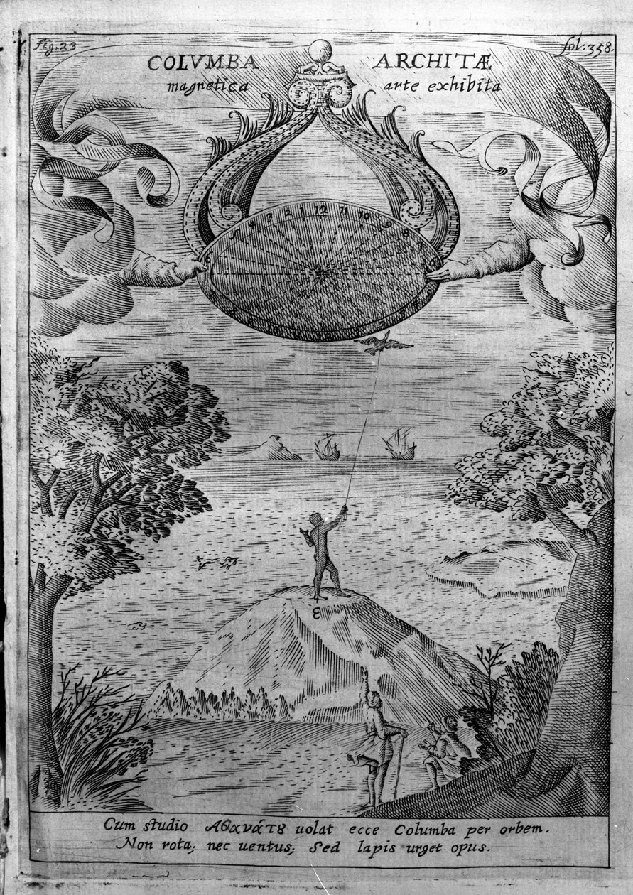 塔兰托的 Archytas（公元前 435-347 年）放飞一只木鸽。 Athanasius Kircher（1601-1680），耶稣会士，东方学家和学者的“Mundus Subterraneus”雕刻。 作者 阿塔纳修斯·基歇尔