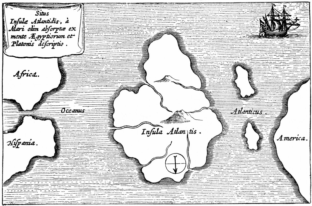 亚特兰蒂斯地图，来自《Mundus Subterraneus》。 作者 阿塔纳修斯·基歇尔