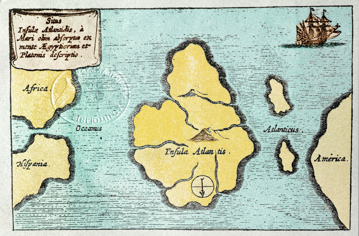 传说中的亚特兰蒂斯岛地图 - 来自 Athanase Kircher（或 Athanasius Kircheri）的 Mundus Subterraneus 作者 阿塔纳修斯·基歇尔