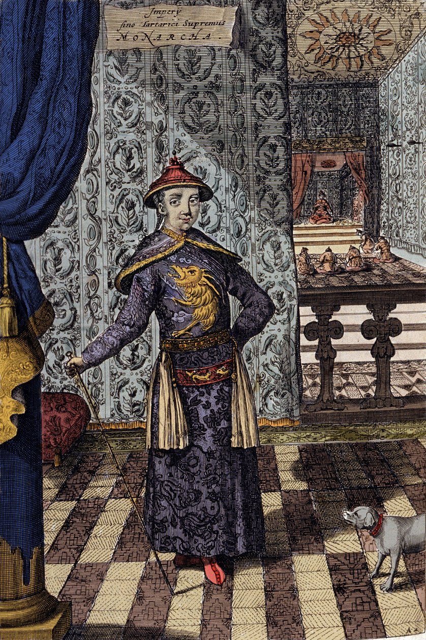中国皇帝和鞑靼人的最高统治者 - 中国康熙皇帝 (1652-1722) 清朝，Athanasius Kircher (1601-1680) 雕刻，出自“”China Monumentis, qua sacris qua profanis”“” 1667 - 中国康熙皇帝 (1652) -1722）清朝， 作者 阿塔纳修斯·基歇尔