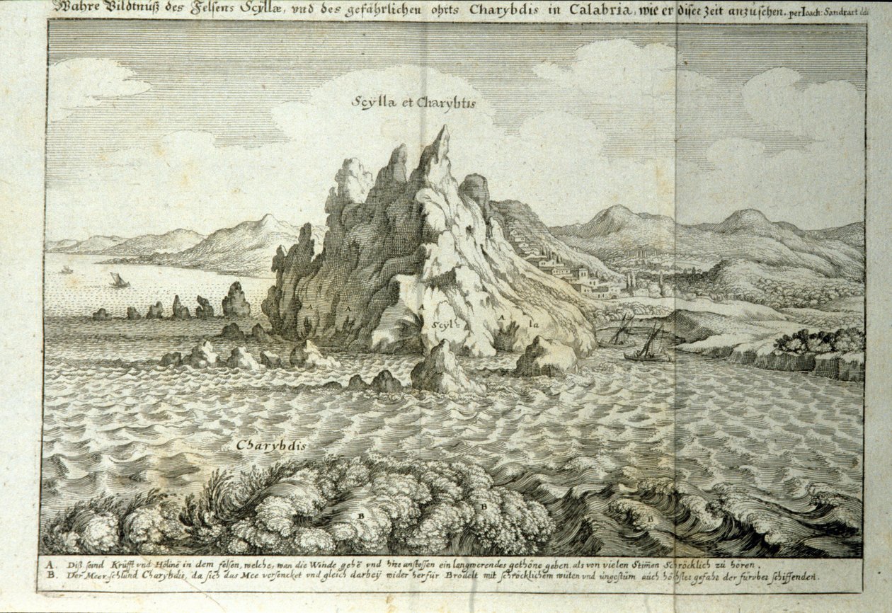 西西里岛墨西拿底特律“Charybde”和“Scylla”的岩石视图“”“Mundus Subterraneus”雕刻“Athanasius Kircher（1601-1680），耶稣会士，东方学家和学者，1682 年 作者 阿塔纳修斯·基歇尔
