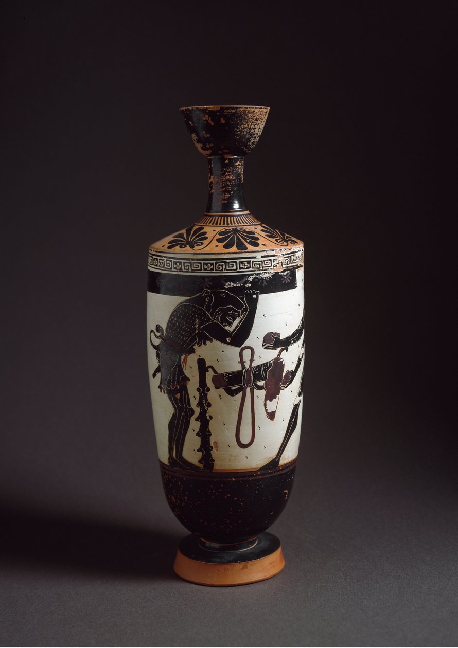 希腊艺术。"赫拉克勒斯和阿特拉斯 "赫拉克勒斯（Hercules）Lekythos（lecyth）白色的细节由雅典娜的画家实现（公元前450-400）。雅典娜，国家考古博物馆 作者 雅典娜画家（车间）