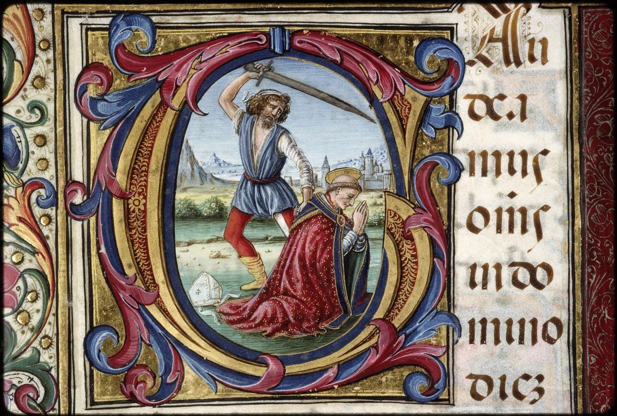 托马斯-詹姆斯的 Missal：字母 G 的细节：圣托马斯-贝克特殉难。 作者 Attavante degli Attavanti