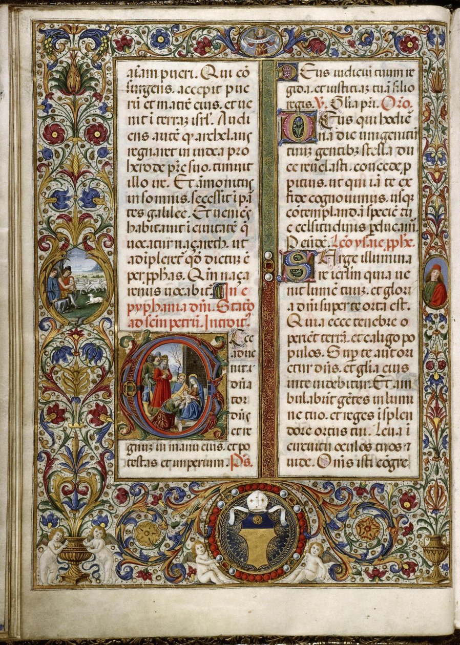 托马斯-詹姆斯（Thomas James）的 Missal：页面上有一个字母："玛吉的崇拜"，页边有一个奖章："圣母领报时的牧羊人"。 作者 Attavante degli Attavanti