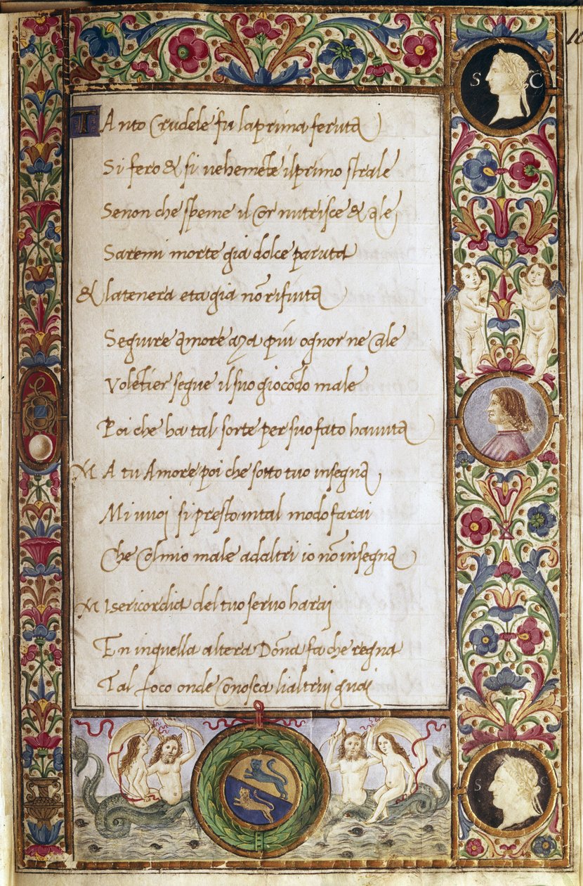 Francesco Petrarca（彼特拉克）（1304-1374 年）手稿 "Il canzoniere "中的一页，由 Attavante dei Attavanti（1452-1525 年）绘制（ms.cl.VIII.684），15 世纪 尺寸。19 x 12.7 厘米 佛罗伦萨，国家图书馆 作者 加布里埃洛·凡迪·巴托洛