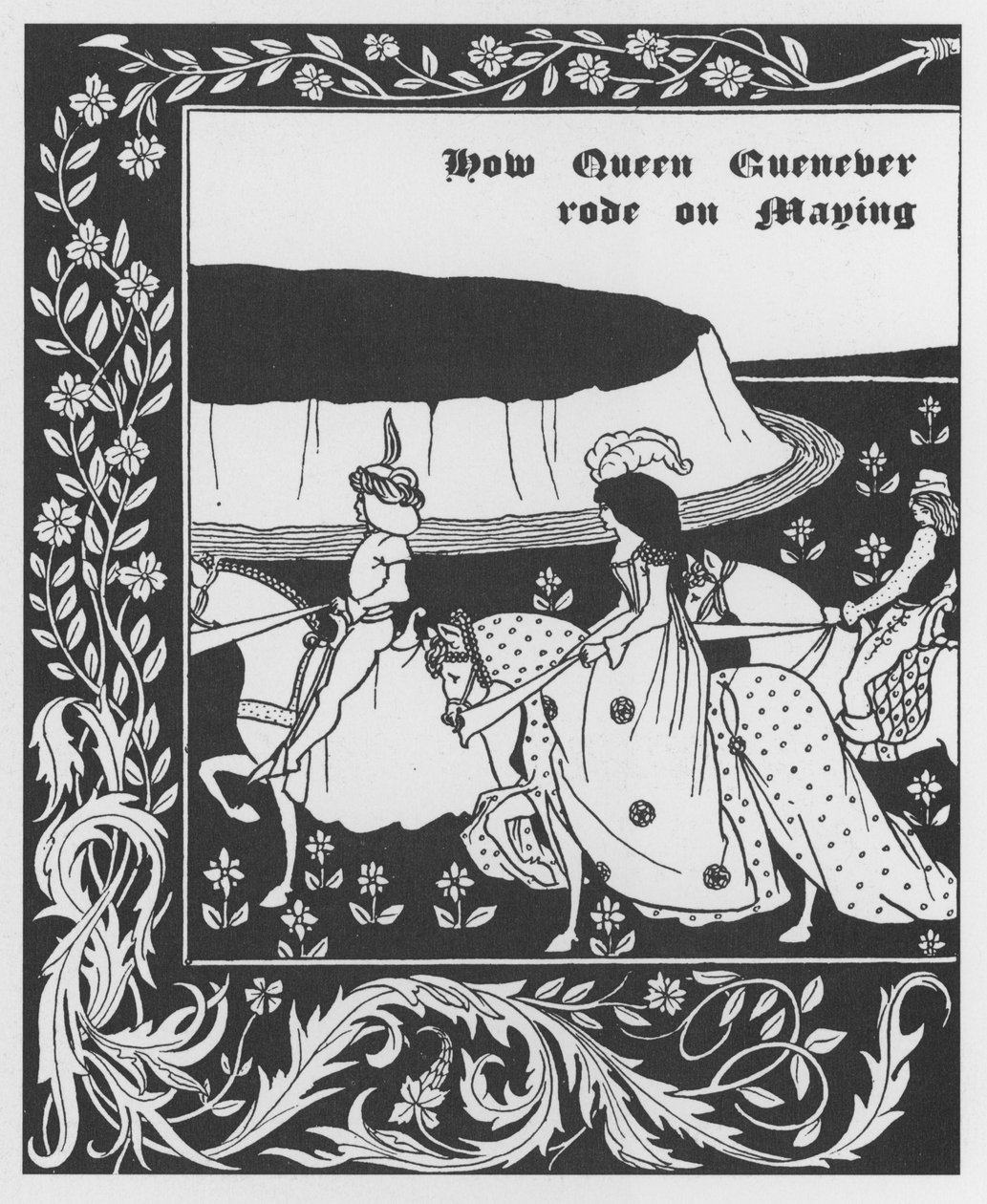 亚瑟王传奇：“五月女王 Guenievre Queen”” 雕刻在“The Morte of Arthur”中，Thomas Malory 先生，Aubrey Beardsley (1872-1898) 1893-1894 插图版（亚瑟王传奇：Queenvere 女王 (Guinevere) maying , 奥布里·比尔德 (Aubrey Beard) 的插图 作者 奥布里·比尔兹利