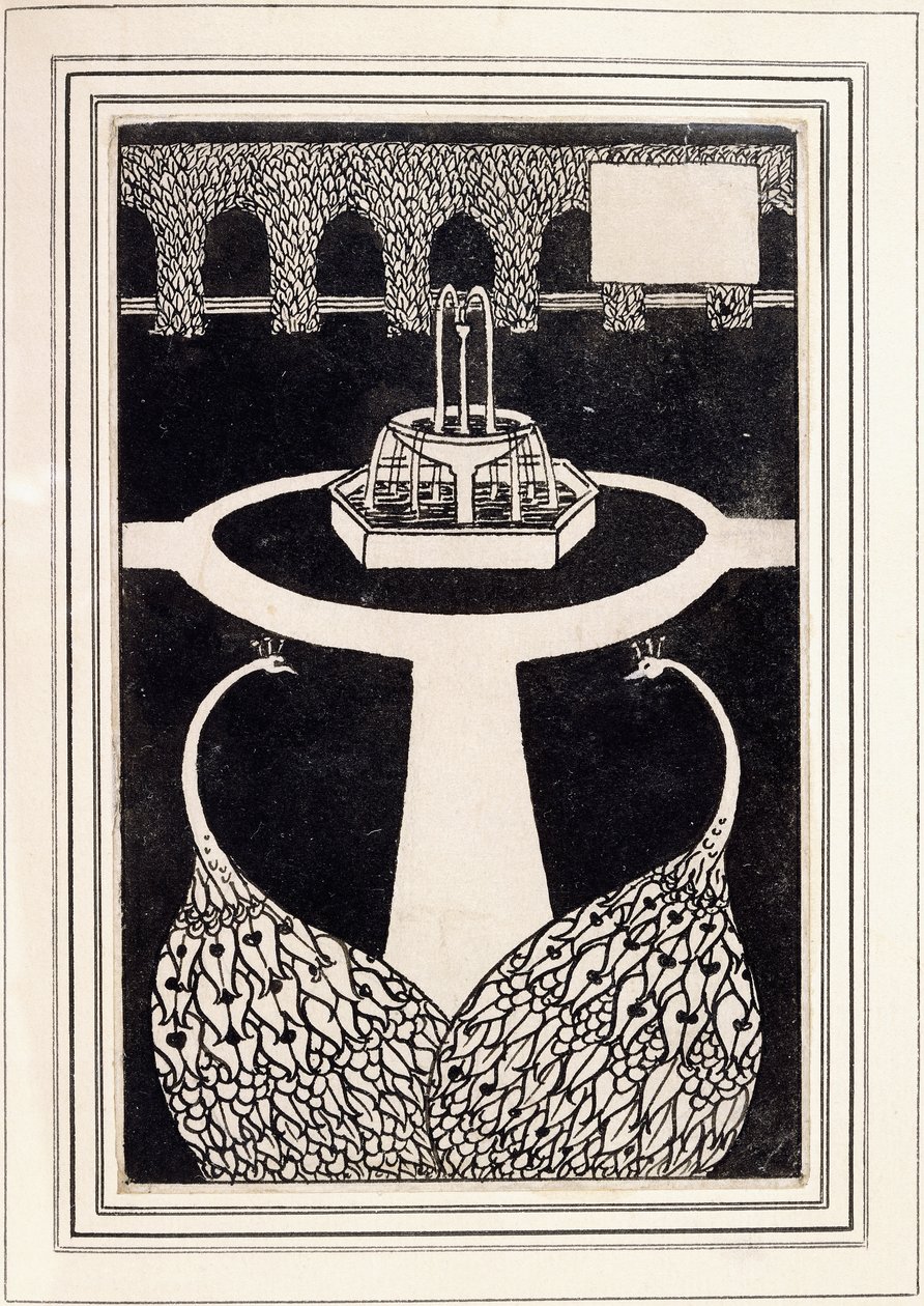 本章标题描绘了带有喷泉的花园中的两个孔雀，约1893-4年 作者 奥布里·比尔兹利