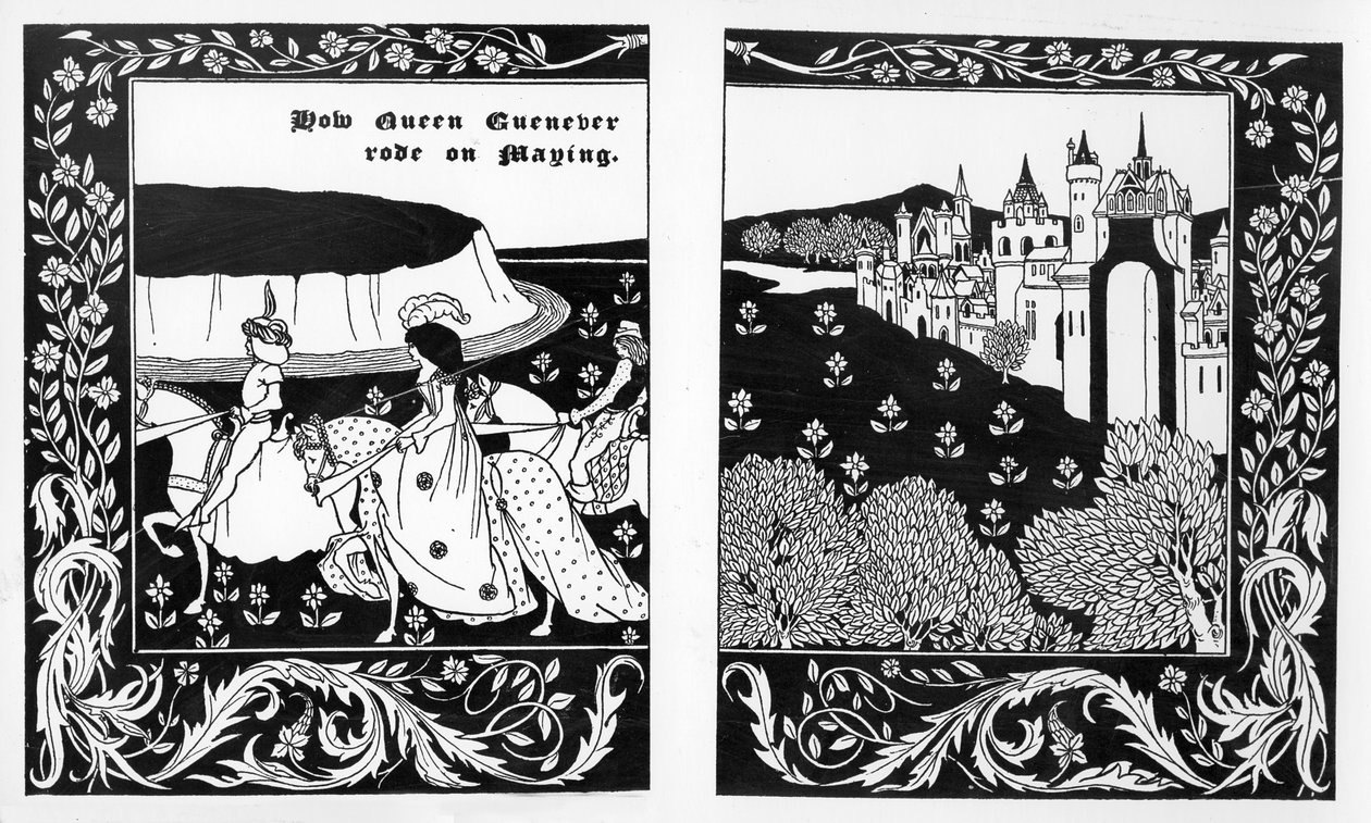女王Guenever如何乘坐Maying，1894年来自Thomas Malory的&39;Le Morte d&39;Arthur&39;插图 作者 奥布里·比尔兹利