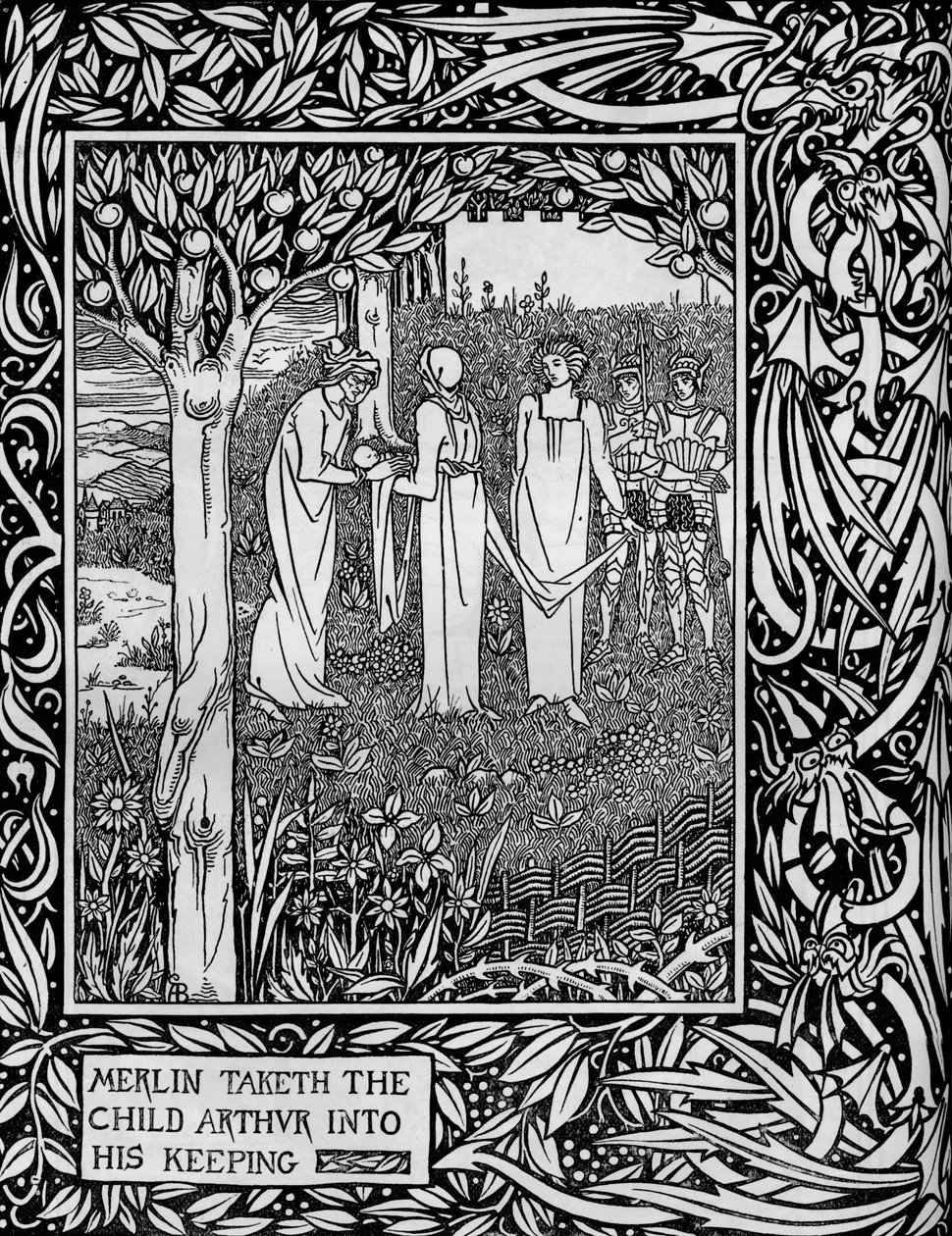 默林（Merlin）将亚瑟小子送进了他的家中，c1893 作者 奥布里·比尔兹利