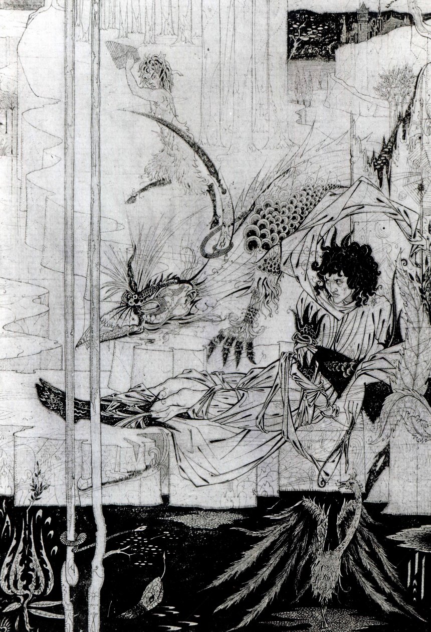 现在，亚瑟王看到了Questing Beast，其中有一个奇妙的奇迹，来自Thomas Malory爵士的“Le Morte d&39;Arthur”（第1471页）1893-94（黑色墨水和石墨） 作者 奥布里·比尔兹利
