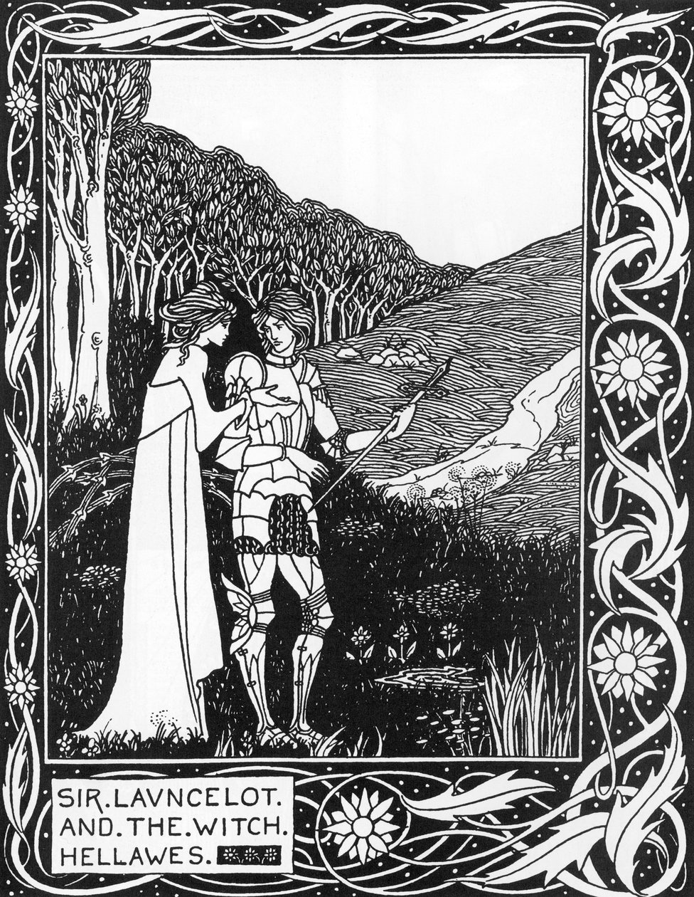 朗斯洛特爵士与女巫海拉维斯 (Lancelot and the Witch Hellawes) 奥布里·比尔兹利 (1872-1898) 出自托马斯·马洛里 (Thomas Malory) 的《亚瑟之死》的插图 作者 奥布里·比尔兹利