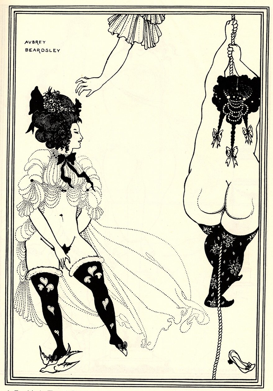 两名雅典妇女陷入困境。 Aristophanes的Lysistrata插图，1896年 作者 奥布里·比尔兹利