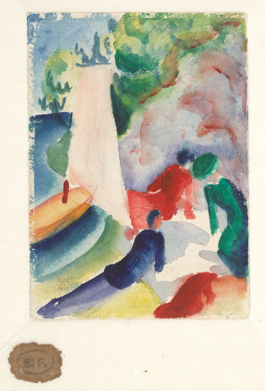 野餐在海滩上（帆船后野餐），1913年 作者 奥古斯特·马克