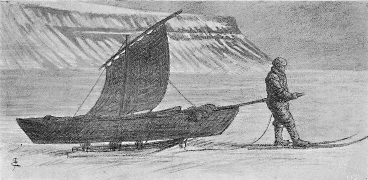 有雪橇的风帆。里希霍芬角以南。 1896年6月6日，1897年 作者 奥古斯特·埃巴克（August Eiebakke）