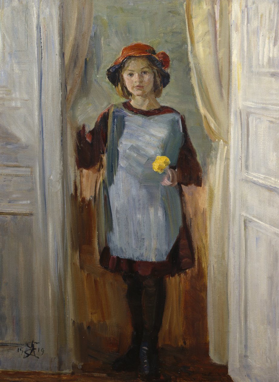 门口的女孩 (Maria Eiebakke) 1918 年（布面油画） 作者 奥古斯特·埃巴克（August Eiebakke）