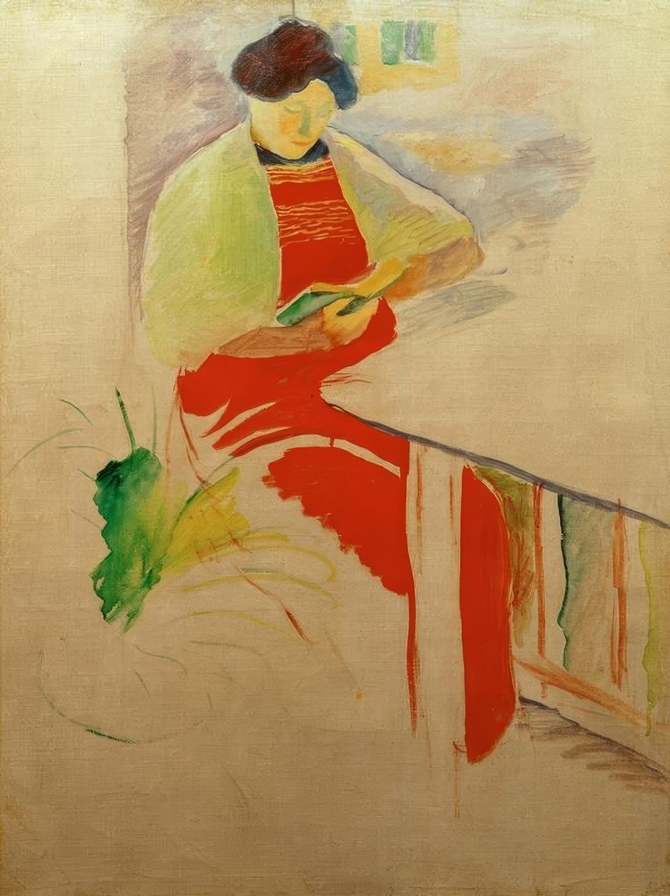 红色围裙在阳台上（伊丽莎白）的女人 作者 奥古斯特·马克