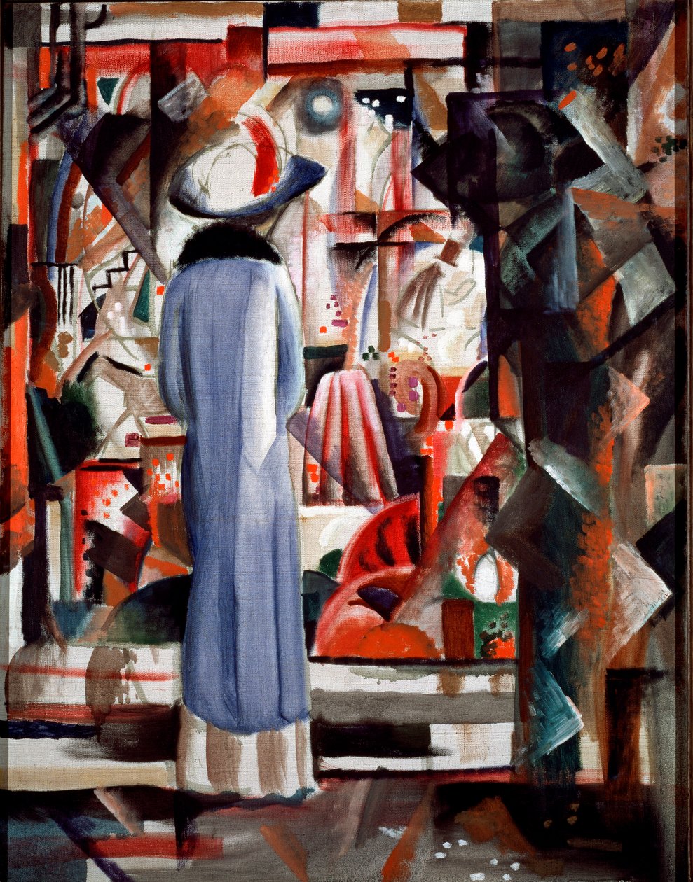 大型照明展示柜 一位穿着长外套和帽子的女士看着展示柜。 August Macke (1887-1914) 的绘画，1912 年昏暗。 105x85 厘米汉诺威，Sprengel 博物馆 作者 奥古斯特·马克