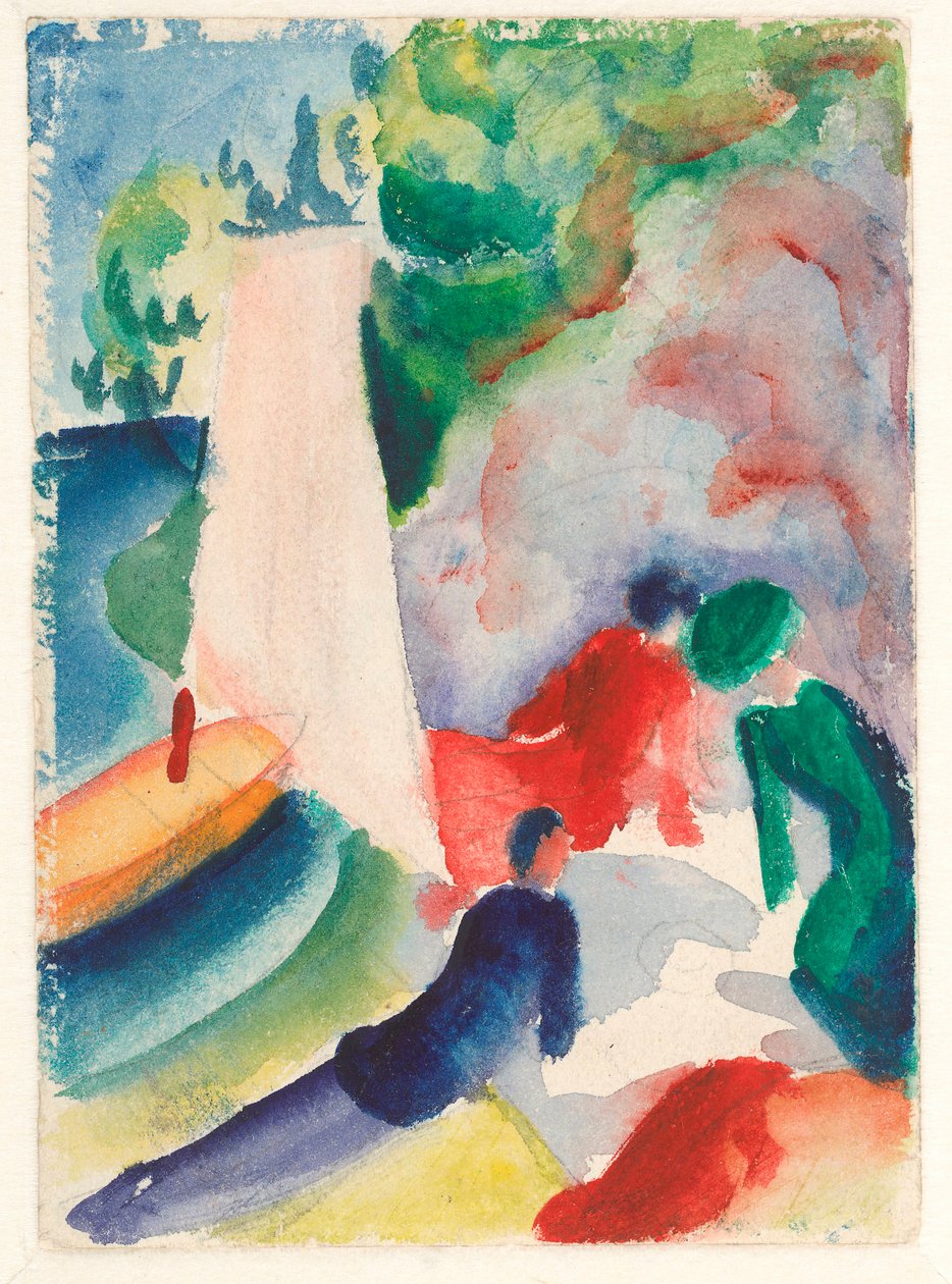 “”海滩上的野餐“”（航行后的野餐）奥古斯特·马克（August Macke）（1887-1914）的水彩画，1913 年尺寸 17.6x12.2 厘米，阿尔贝蒂娜，维也纳 作者 奥古斯特·马克