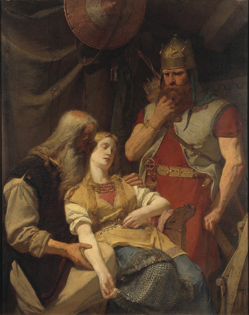 Orvar Oddr 宣布成为 Ingeborg la mort de Hjalmar - Oervar-Oddr 将 Hjalmar 的死告诉 Ingeborg，作者 Malmstrom，8 月（1829-1901 年）。 布面油画 作者 奥古斯特·马尔姆斯特伦