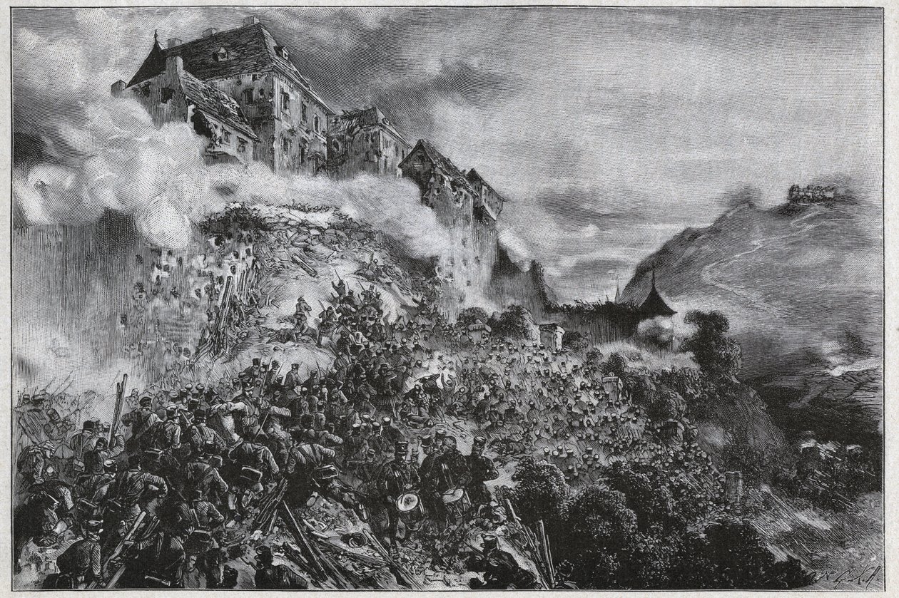 1848-1849年的匈牙利革命。1849年5月21日，匈牙利反叛者冲进布达（奥文）城堡--根据奥古斯特-冯-佩滕科夫的石版画绘制 作者 八月Xaver Karl von Pettenkofen