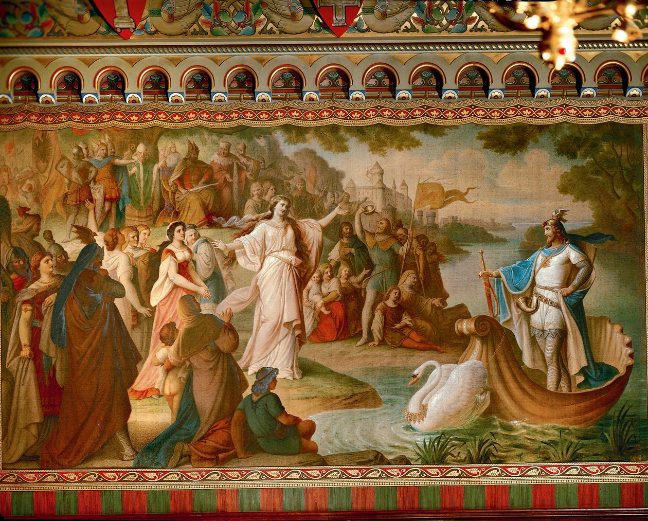 Lohengrin 抵达安特卫普，来自 Lohengrin Saga，沙龙，c.1882-83（布面油画）（另见 419255） 作者 奥古斯特·冯·赫克尔