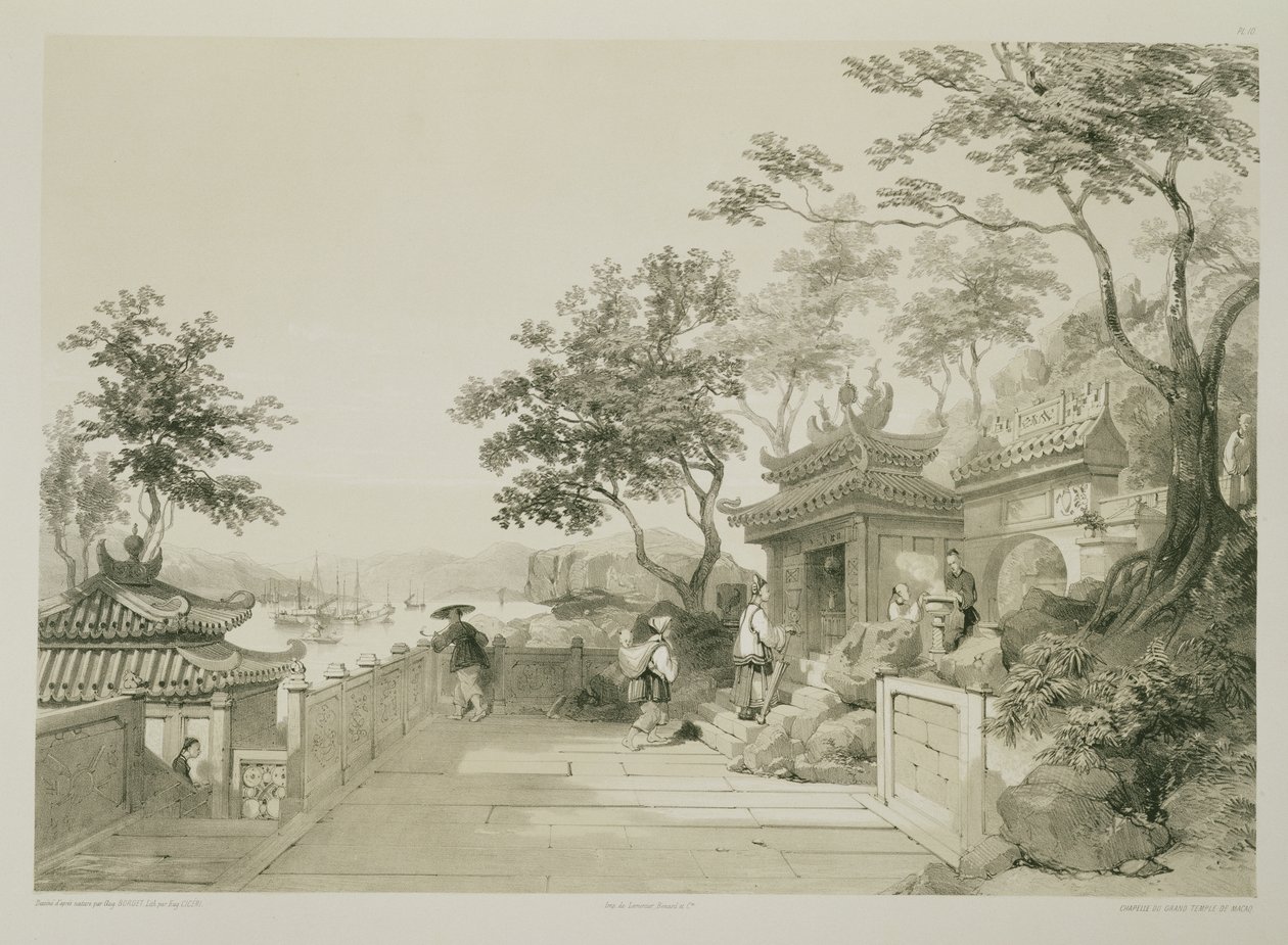 澳门大寺的教堂，中国草图中的10块，由Eugene Ciceri（1813-90）1842年刻（有色光刻） 作者 奥古斯特·伯吉