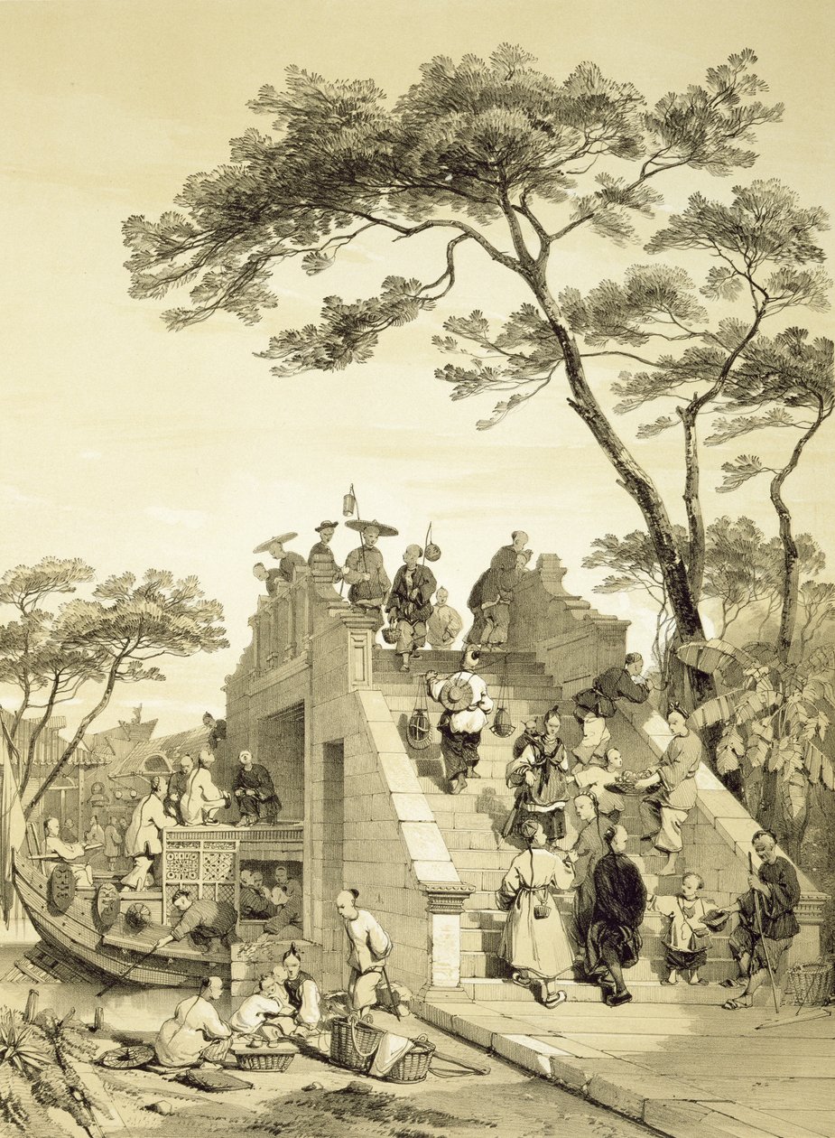 广州附近的桥梁，“中国草图”中的板块30，由Eugene Ciceri（1813-90）1842年刻（有色光刻） 作者 奥古斯特·伯吉