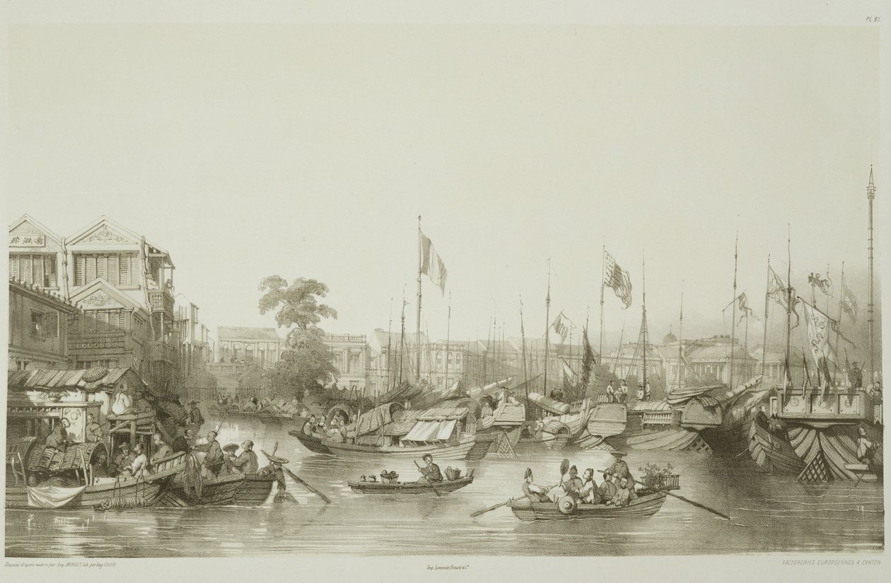 广州的欧洲工厂，来自“中国草图”的第23块，由Eugene Ciceri（1813-90）1842年刻（有色版画） 作者 奥古斯特·伯吉