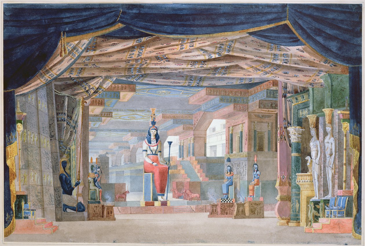 罗西尼的“Moise et Pharaon”第三幕埃及舞台设计，于1827年3月26日在巴黎首次制作 作者 奥古斯特·卡隆