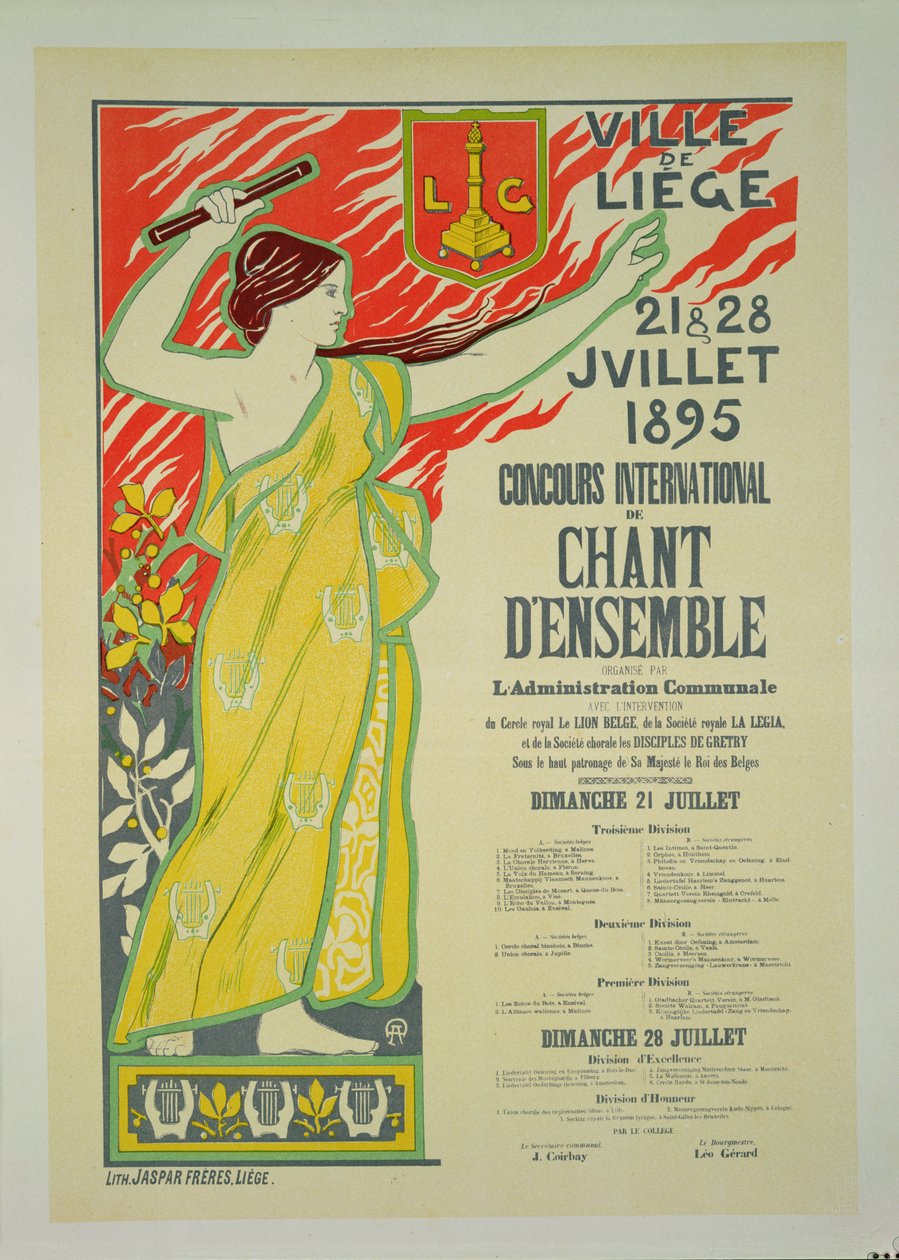 复制一张宣传&39;Concours international de Chant d&39;ensemble&39;的海报，比利时列日，1895年 作者 奥古斯特·唐尼