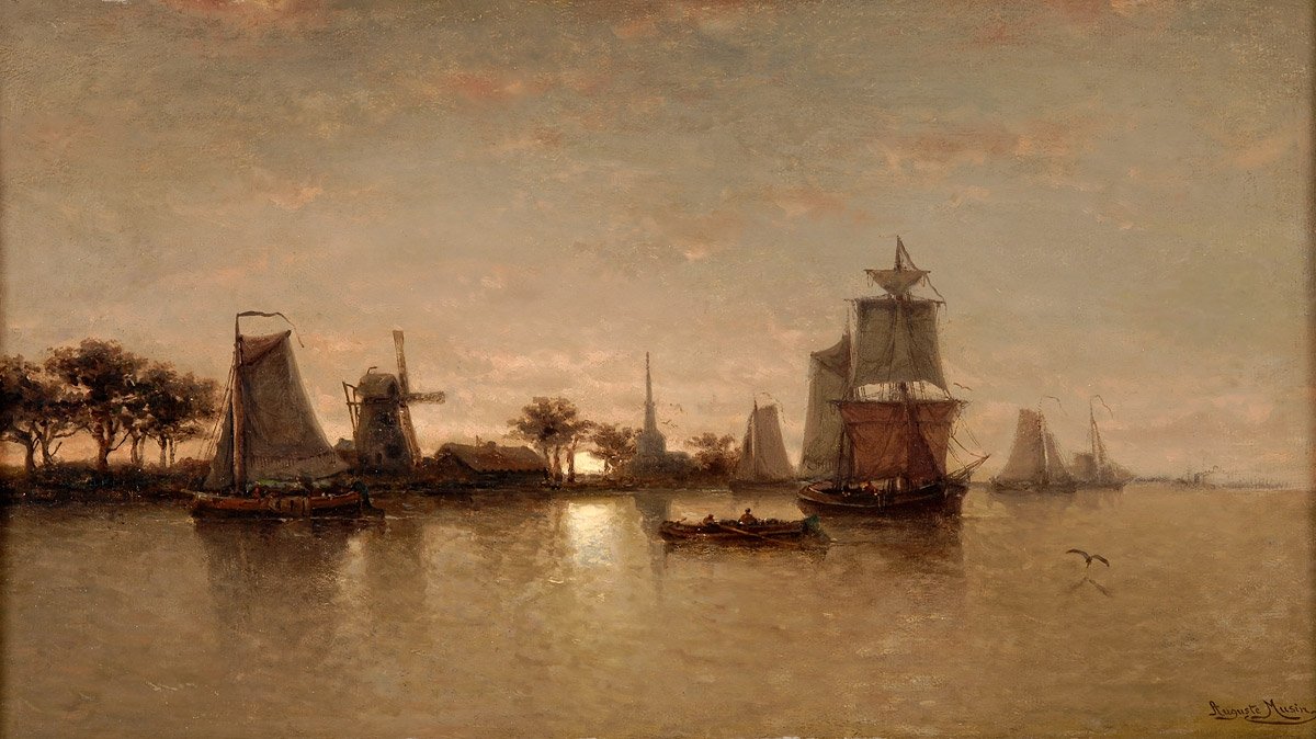 Flulandschaft bei MondscheinnNederlands：在moonlightn的河景观 作者 奥古斯特·穆辛（Auguste Musin）
