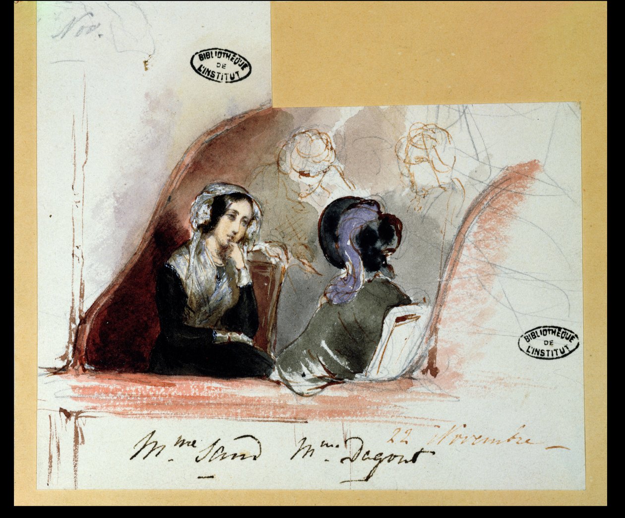 George Sand（1804-76）和Marie de Flavigny（1805-76）Agoult伯爵夫人，于1834年在Comedie Francaise 作者 奥古斯特·奥迪尔（Auguste Odier）