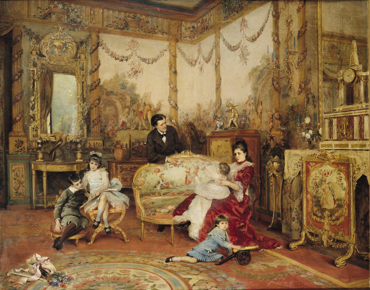 Victorien Sardou（1831-1908）和他的家人在Marly-le-Roi的绘画室，1875年 作者 奥古斯特·德拉布雷