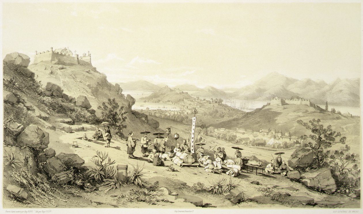 澳门概况，《中国速写》第11版，尤金-西切利（1813-90）1842年刻制（着色石印）。 作者 奥古斯特（后）博格特