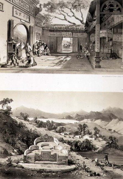 澳门大庙的内景以及香港湾和考隆湾之间的坟墓和村庄，板块8和7来自《中国素描》，Eugene Ciceri（1813-90）1842年雕刻（着色石印）。 作者 奥古斯特（后）博格特