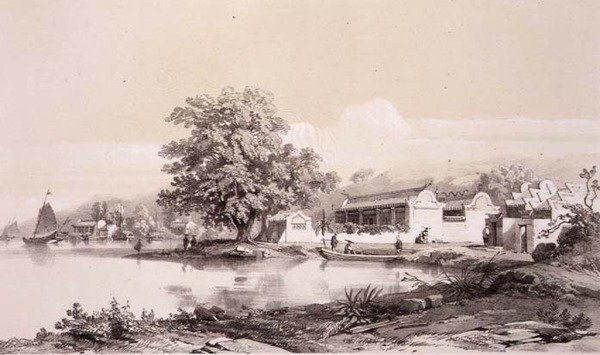 澳门运河上的文华楼，板块20来自《中国速写》，由Eugene Ciceri（1813-90）1842年雕刻（着色石印）。 作者 奥古斯特（后）博格特