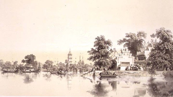 澳门运河上的寺庙、宝塔和村庄，板块22来自《中国速写》，由Eugene Ciceri（1813-90）雕刻，1842年（着色石印）。 作者 奥古斯特（后）博格特