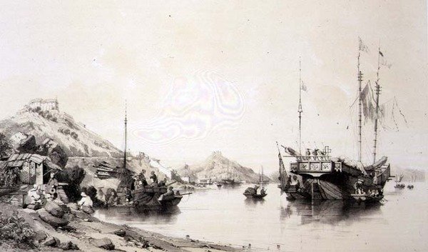 涨潮时的澳门海岸，选自《中国速写》第12版，由Eugene Ciceri（1813-90）1842年雕刻（着色石印）。 作者 奥古斯特（后）博格特