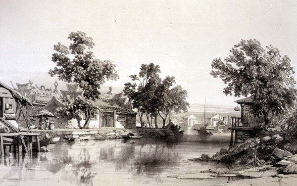 河南的寺庙和运河，《中国速写》中的第29版，由Eugene Ciceri（1813-90）1842年雕刻（着色石版）。 作者 奥古斯特（后）博格特
