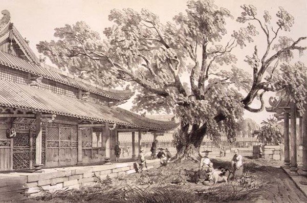 广州鸿安郊区的佛寺，板块24来自《中国速写》，由Eugene Ciceri（1813-90）1842年刻制（着色石印）。 作者 奥古斯特（后）博格特