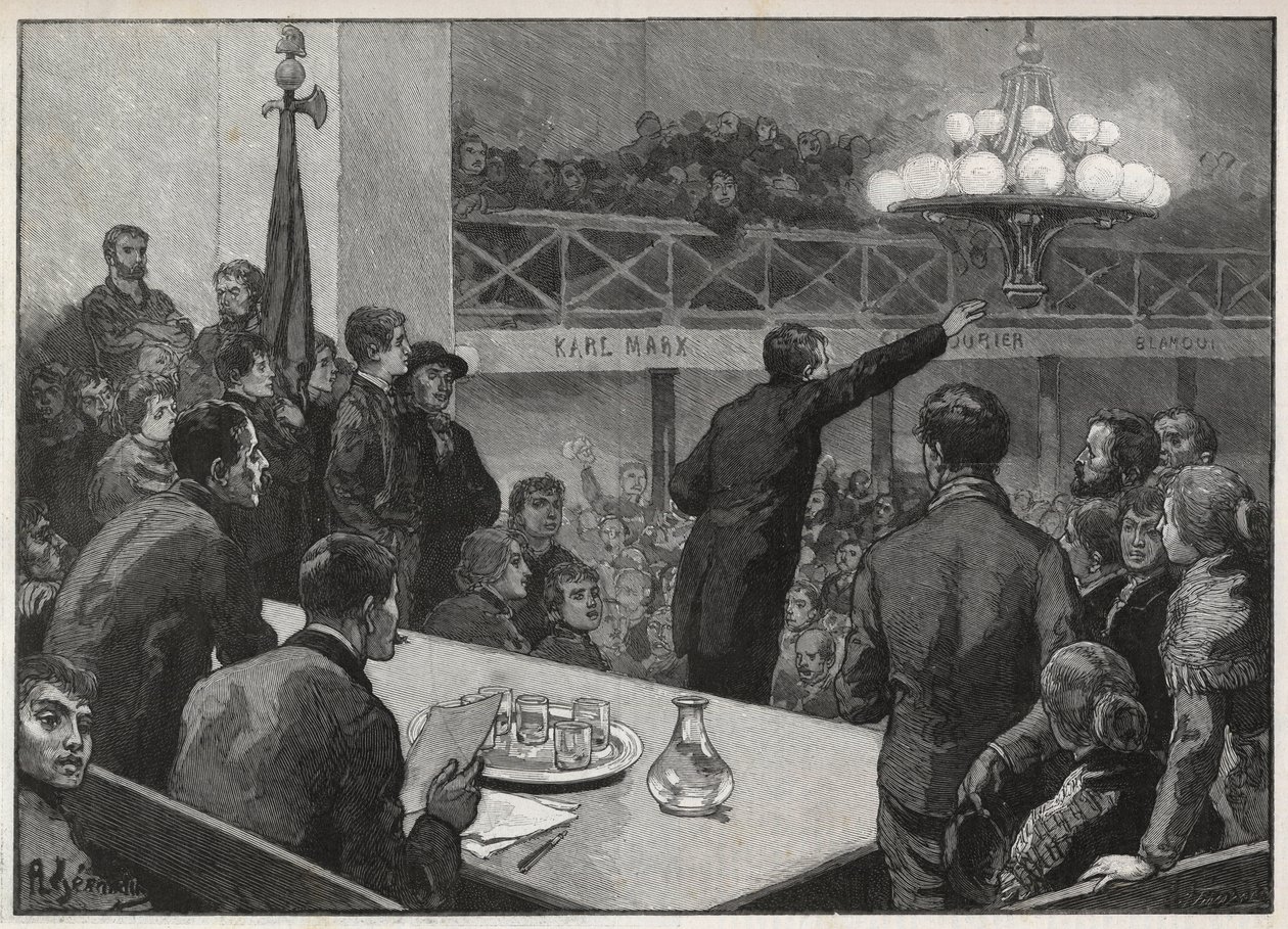 1885年在Vooruit举行的罢工会议--1885年雕刻的 "杰出的世界"--Gerardin画的。 作者 奥古斯特（后）杰拉丁