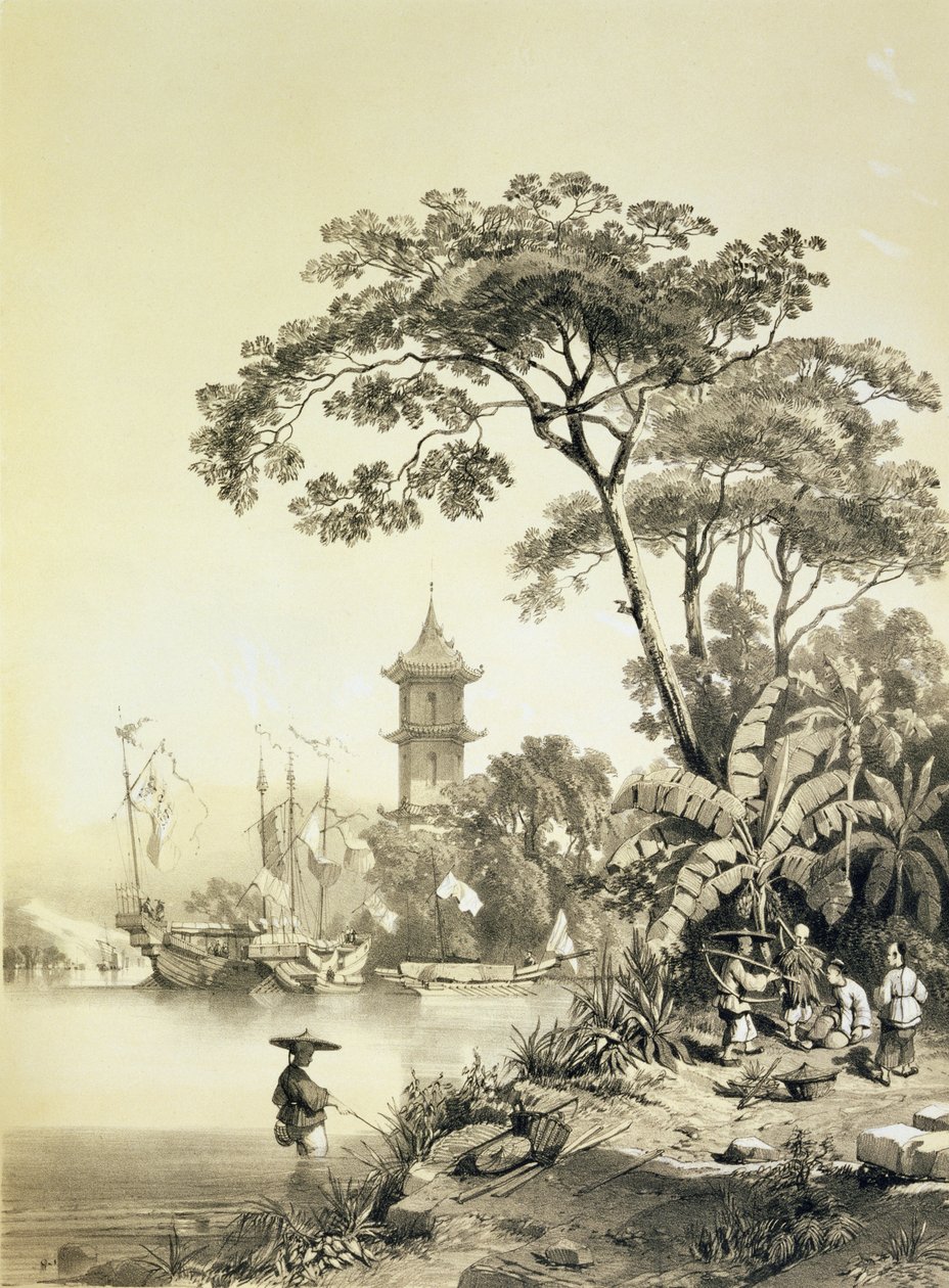 澳门 - 广州运河上的一座宝塔，来自“中国草图”的21号板，由Eugene Ciceri（1813-90）雕刻1842年（有色光刻） 作者 奥古斯特·伯吉