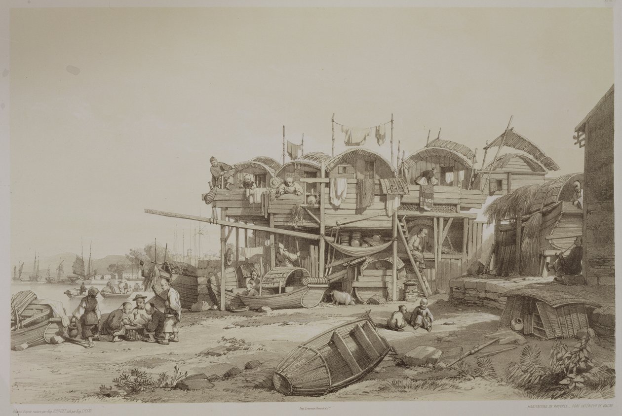 澳门内港的穷人住房，中国草图中的13块板块，由Eugene Ciceri（1813-90）1842年刻（有色光刻） 作者 奥古斯特·伯吉