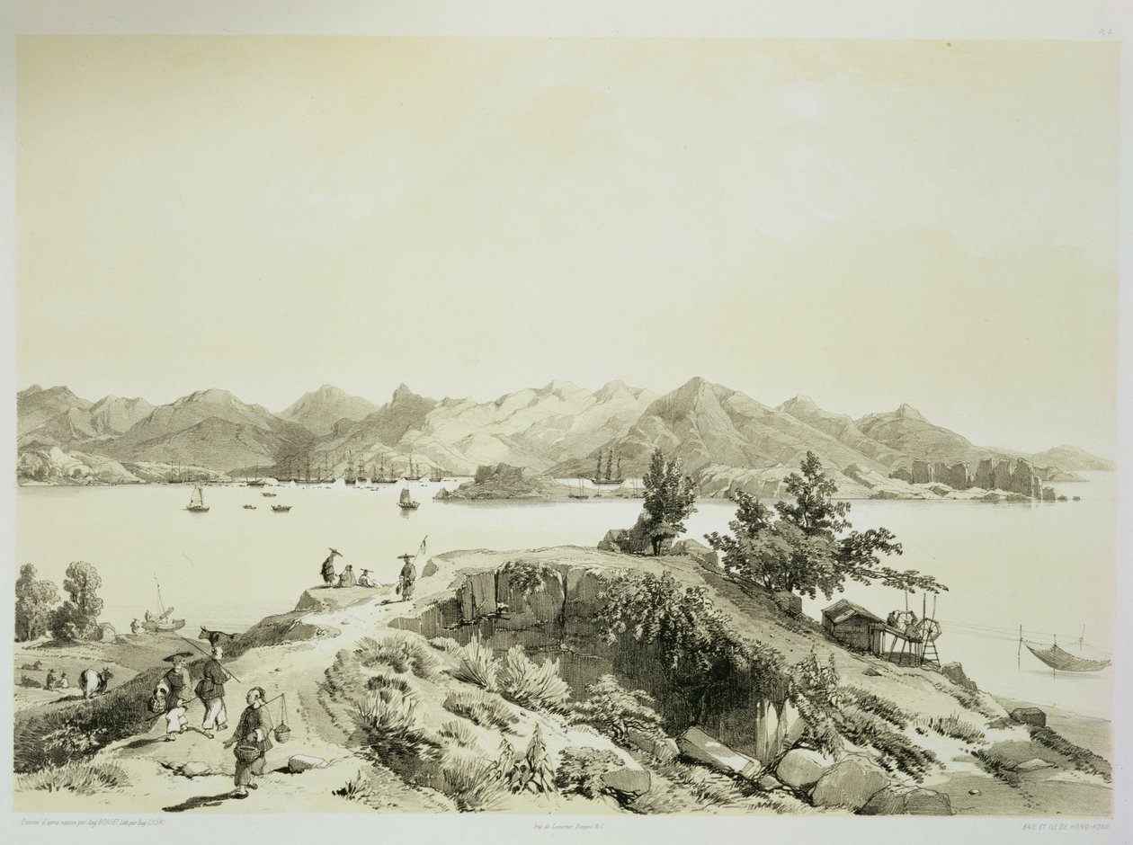 香港湾和岛屿，来自&39;中国草图&39;的第4块，由Eugene Ciceri（1813-90）雕刻1842年（有色光刻） 作者 奥古斯特·伯吉