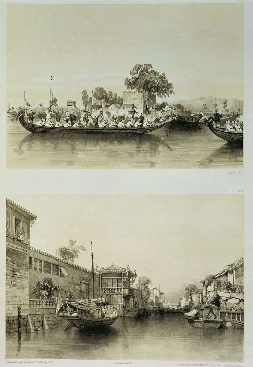 法国愚蠢和Honan-Canton运河上的盐商馆，来自“中国草图”的板块27和28，由Eugene Ciceri（1813-90）1842年刻（有色光刻） 作者 奥古斯特·伯吉