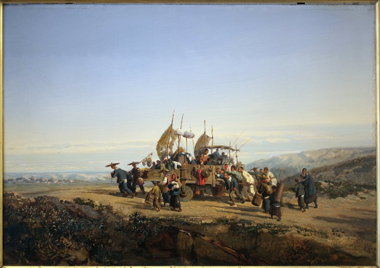 旅行者用带帆的战车开枪射击。奥古斯特·伯吉特（Auguste Borget）绘画 作者 奥古斯特·伯吉