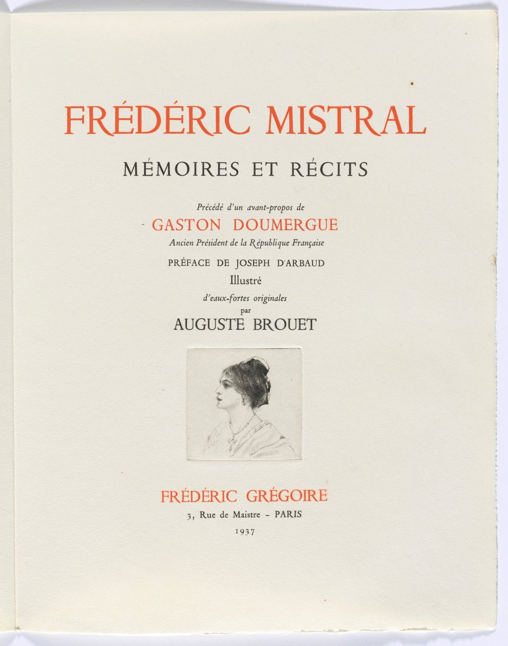 Frédéric Mistral：Frédéric Mistral 的《Mémoires et Recits》：扉页，女性侧面半身像 作者 奥古斯特·布洛埃（Auguste Brouet）