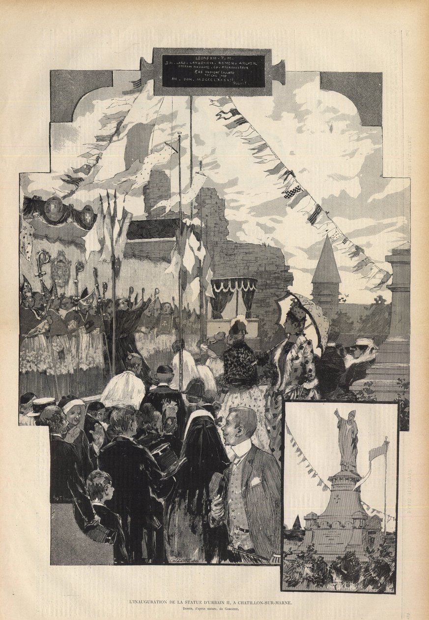 1887年7月21日，教皇乌尔班二世雕像在苏马河畔沙提翁举行落成典礼。奥古斯特-弗朗索瓦-玛丽-戈尔盖(1862-1927)在1887年的巴黎名胜中绘制的 "自然之后"。 作者 奥古斯特·弗朗索瓦·戈格